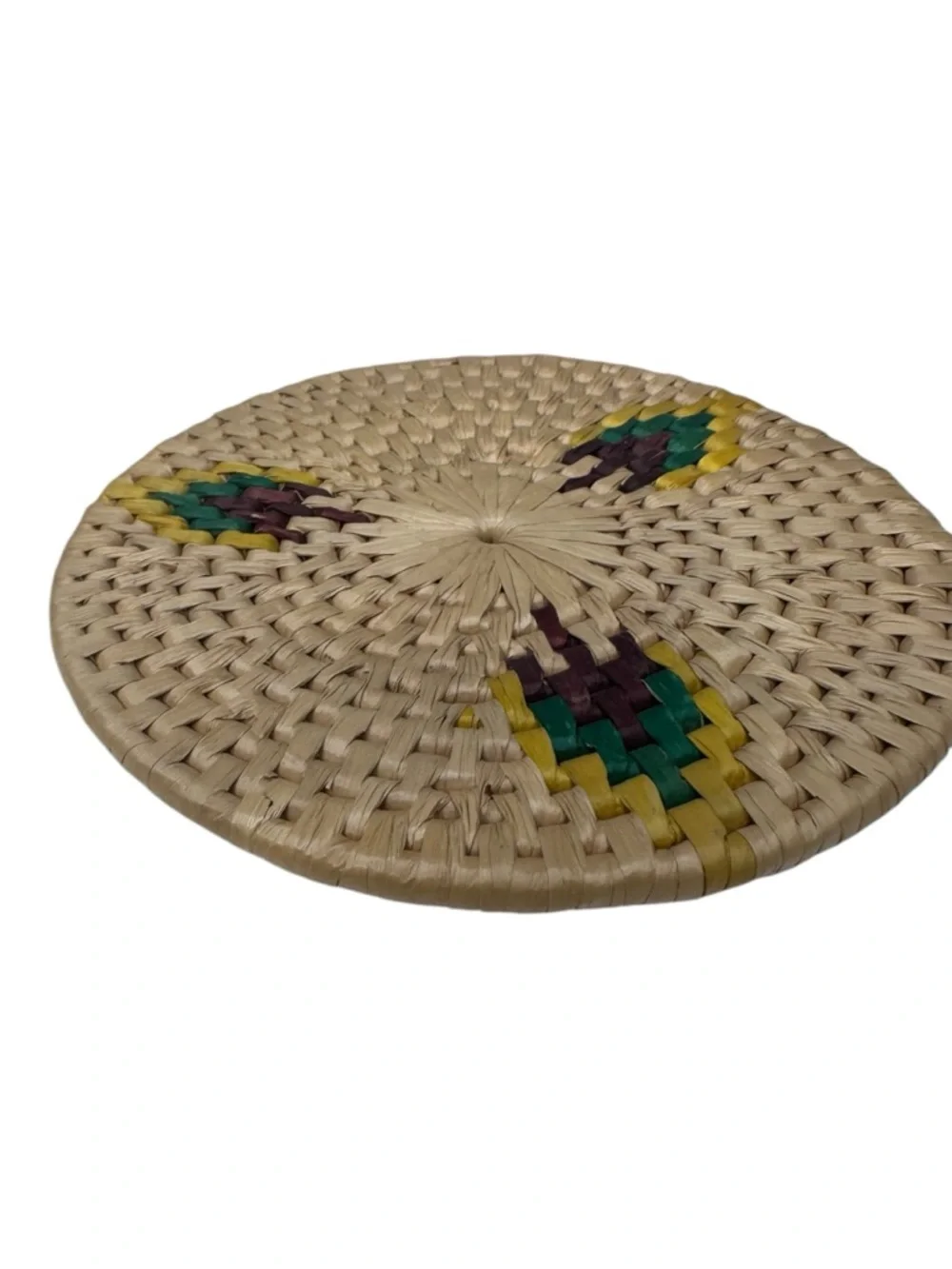 Woven Rattan Coasters Set of 4 with Green & Yellow Accents